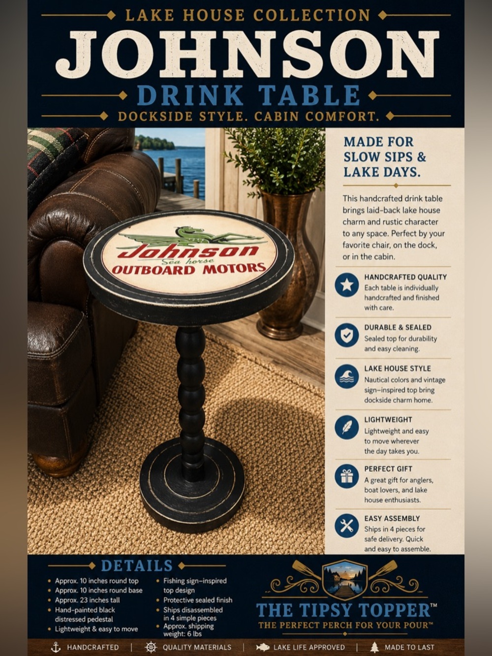 Vintage Johnson Outboard Boat Motor Drink Table | Rustic Drinks Table